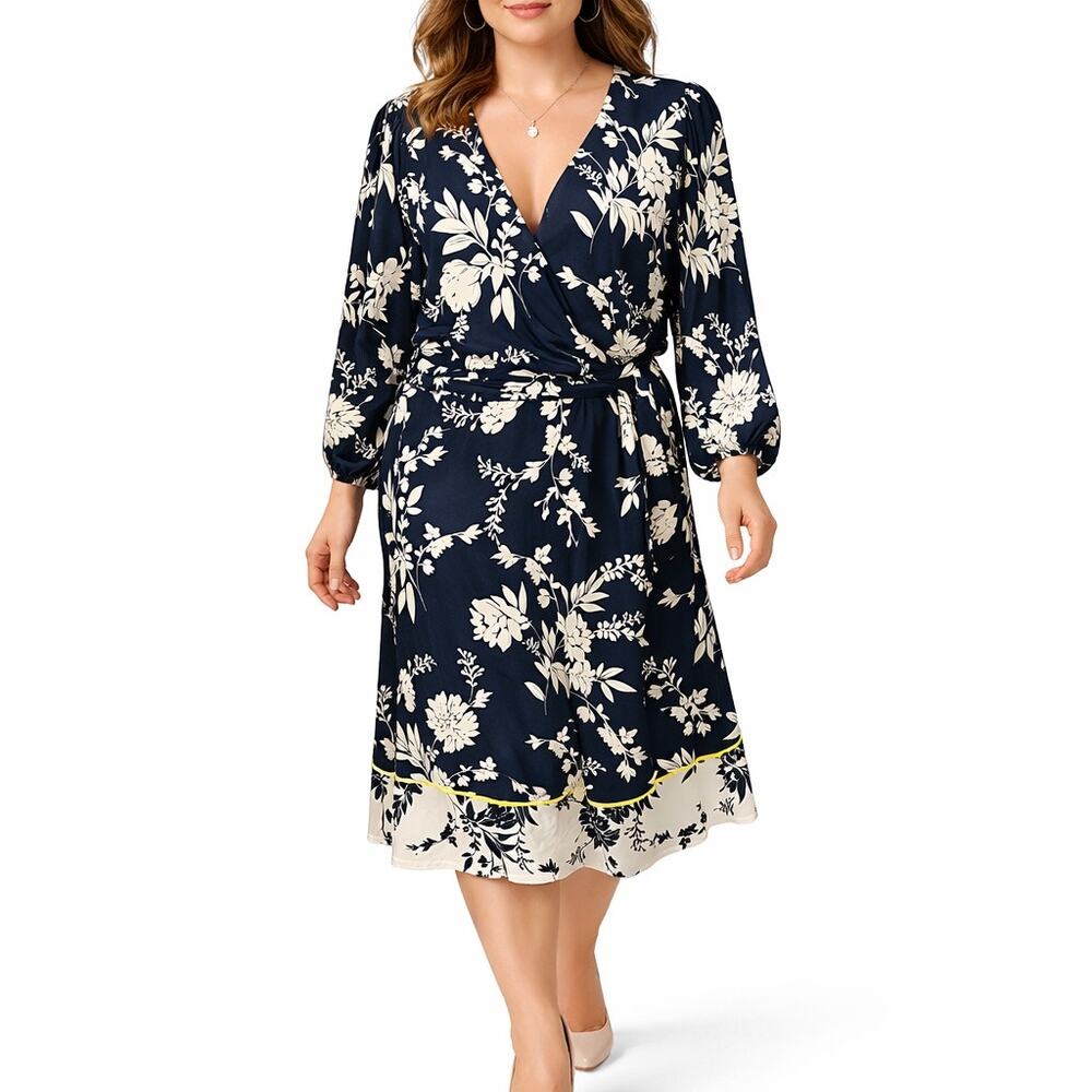 Eliza J Floral Belted Faux Wrap Midi Dress 22W Navy V Neck Long Sleeve Occasion
